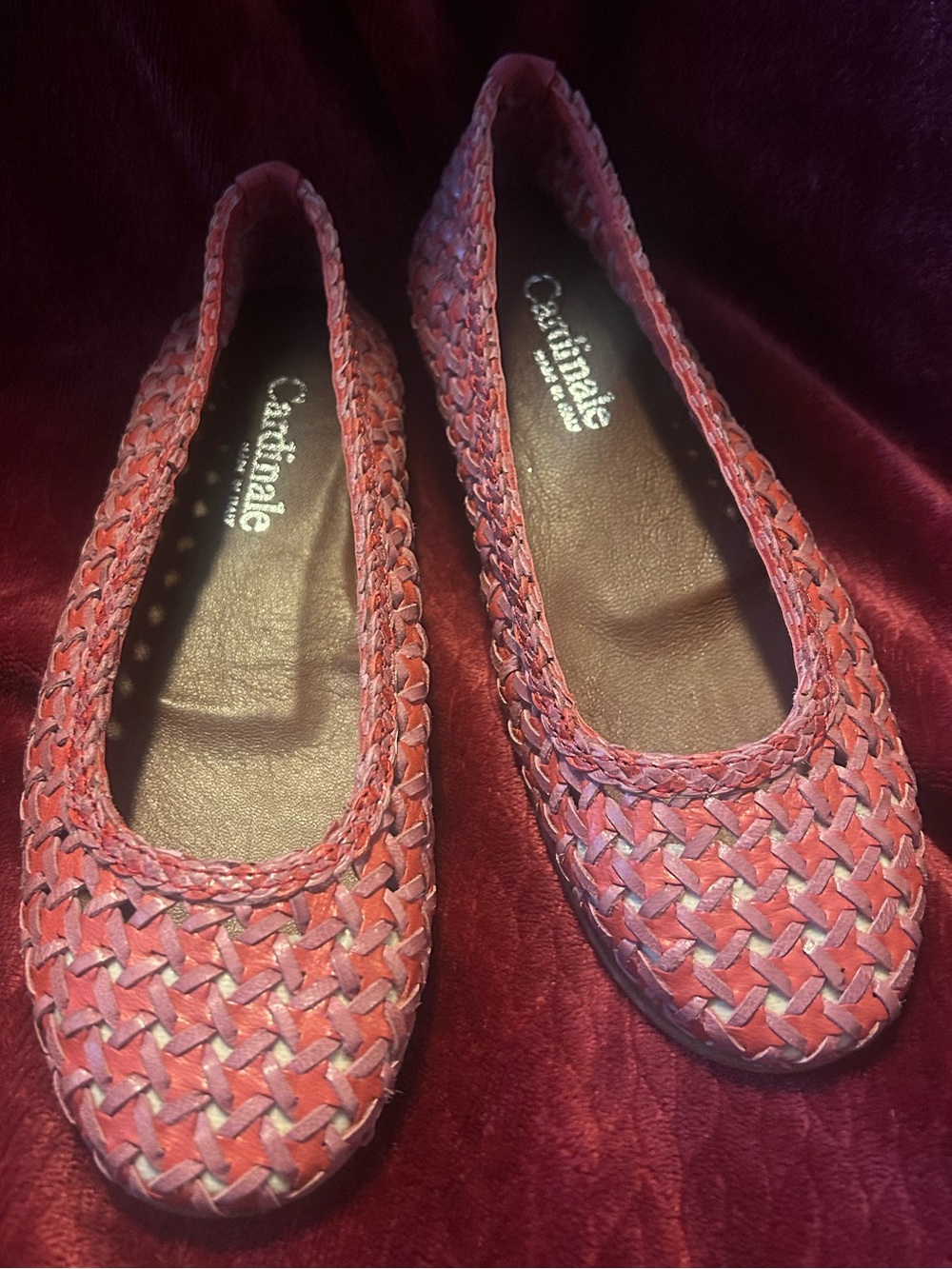 New Cardinale Women's Red/Pink Woven Leather Flat Shoes Made In Italy